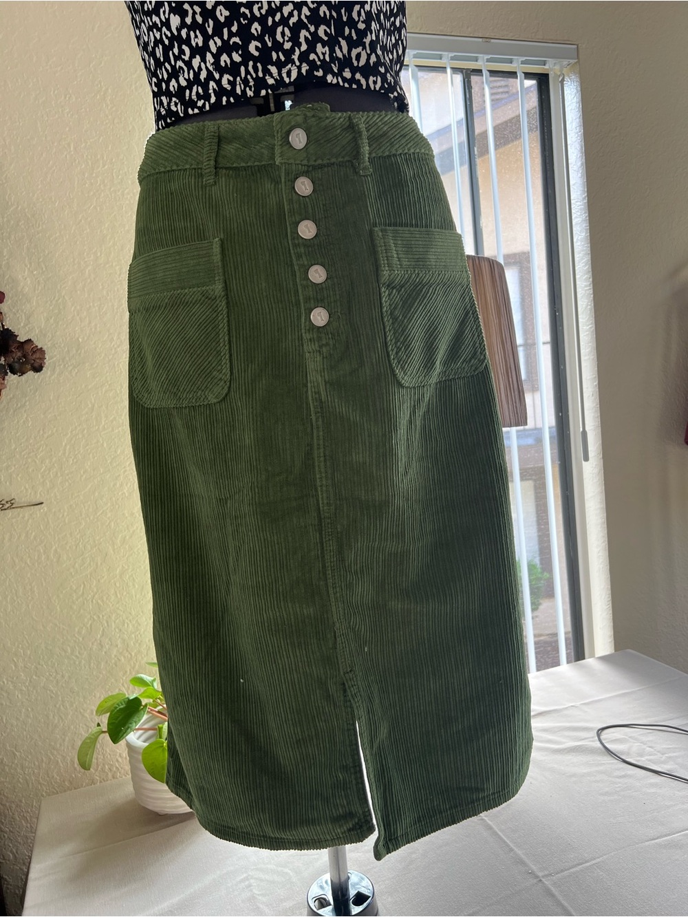 Pilcro and the Letterpress Olive Green Corduroy Midi Skirt